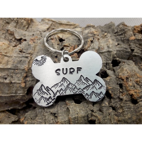 Médaille identité chien forme os en aluminium  "SURF"