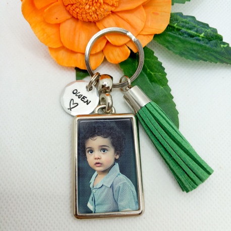 Porte-clés photo et médaille prénom gravée à la main