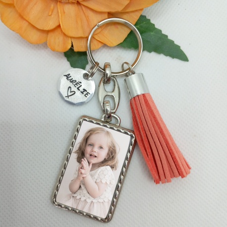 Porte-clés photo cadre tressé et médaille prénom